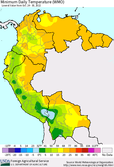 Northern South America Minimum Daily Temperature (WMO) Thematic Map For 10/24/2022 - 10/30/2022