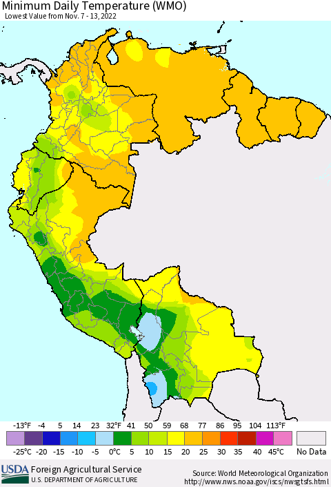 Northern South America Minimum Daily Temperature (WMO) Thematic Map For 11/7/2022 - 11/13/2022