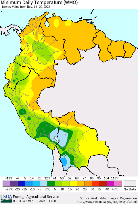 Northern South America Minimum Daily Temperature (WMO) Thematic Map For 11/14/2022 - 11/20/2022