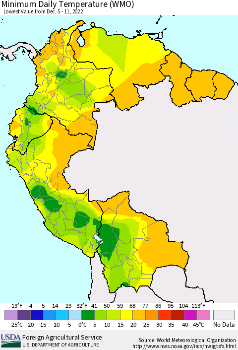 Northern South America Minimum Daily Temperature (WMO) Thematic Map For 12/5/2022 - 12/11/2022
