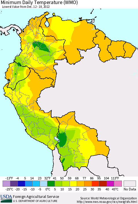 Northern South America Minimum Daily Temperature (WMO) Thematic Map For 12/12/2022 - 12/18/2022