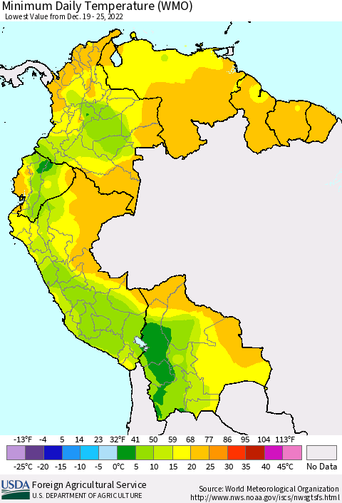 Northern South America Minimum Daily Temperature (WMO) Thematic Map For 12/19/2022 - 12/25/2022