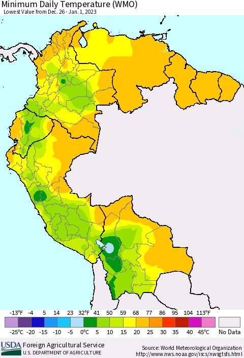 Northern South America Minimum Daily Temperature (WMO) Thematic Map For 12/26/2022 - 1/1/2023