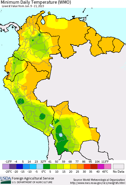 Northern South America Minimum Daily Temperature (WMO) Thematic Map For 1/9/2023 - 1/15/2023