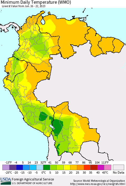 Northern South America Minimum Daily Temperature (WMO) Thematic Map For 1/16/2023 - 1/22/2023