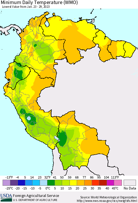 Northern South America Minimum Daily Temperature (WMO) Thematic Map For 1/23/2023 - 1/29/2023
