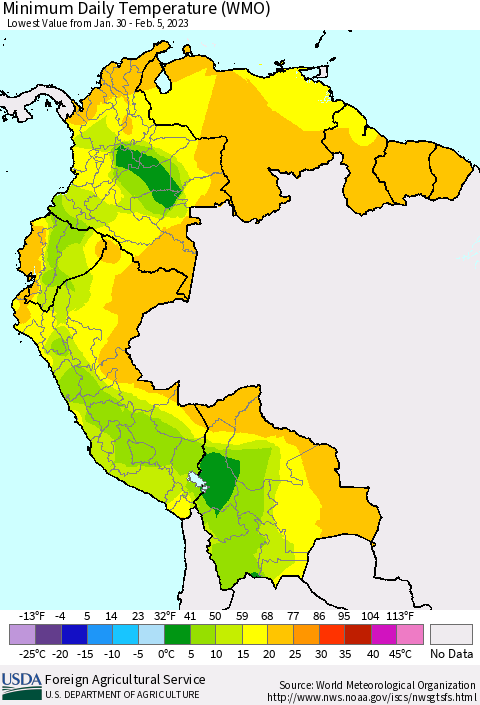 Northern South America Minimum Daily Temperature (WMO) Thematic Map For 1/30/2023 - 2/5/2023
