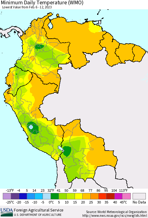 Northern South America Minimum Daily Temperature (WMO) Thematic Map For 2/6/2023 - 2/12/2023