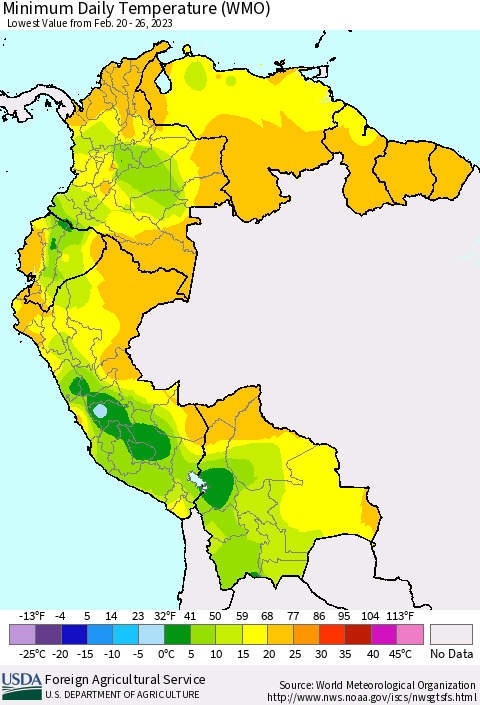 Northern South America Minimum Daily Temperature (WMO) Thematic Map For 2/20/2023 - 2/26/2023
