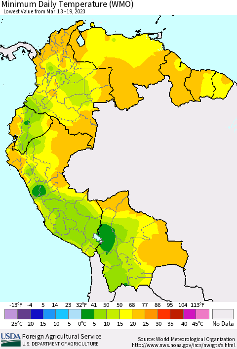 Northern South America Minimum Daily Temperature (WMO) Thematic Map For 3/13/2023 - 3/19/2023
