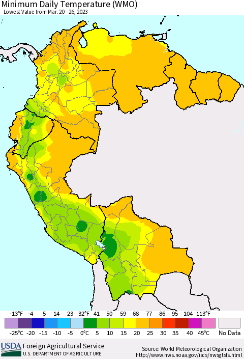 Northern South America Minimum Daily Temperature (WMO) Thematic Map For 3/20/2023 - 3/26/2023