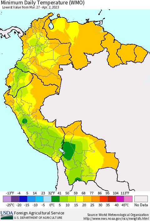 Northern South America Minimum Daily Temperature (WMO) Thematic Map For 3/27/2023 - 4/2/2023