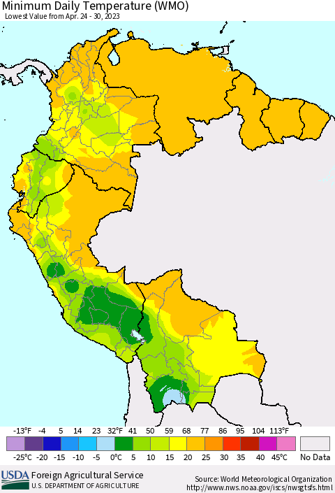 Northern South America Minimum Daily Temperature (WMO) Thematic Map For 4/24/2023 - 4/30/2023