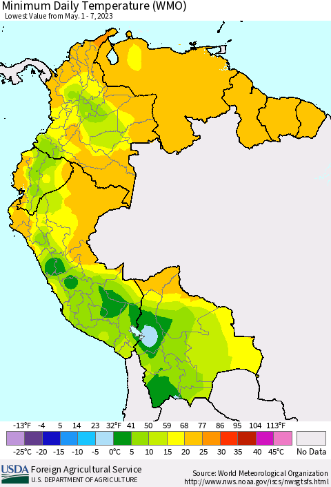 Northern South America Minimum Daily Temperature (WMO) Thematic Map For 5/1/2023 - 5/7/2023