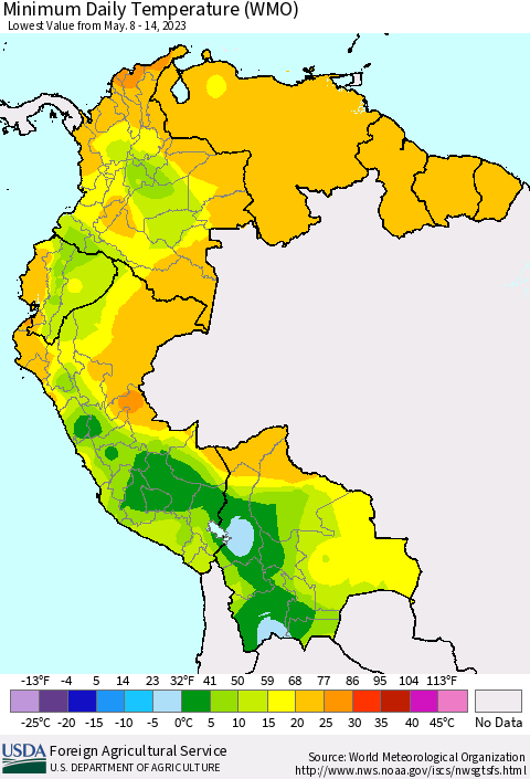 Northern South America Minimum Daily Temperature (WMO) Thematic Map For 5/8/2023 - 5/14/2023