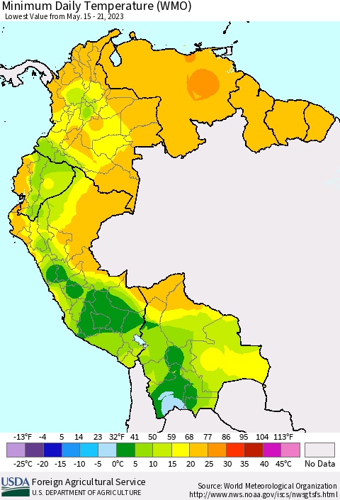 Northern South America Minimum Daily Temperature (WMO) Thematic Map For 5/15/2023 - 5/21/2023