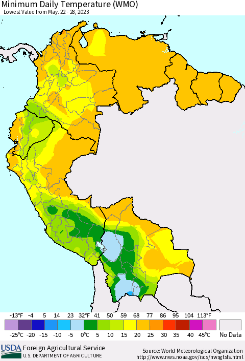 Northern South America Minimum Daily Temperature (WMO) Thematic Map For 5/22/2023 - 5/28/2023