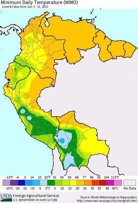 Northern South America Minimum Daily Temperature (WMO) Thematic Map For 6/5/2023 - 6/11/2023