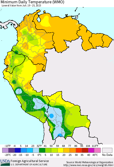 Northern South America Minimum Daily Temperature (WMO) Thematic Map For 6/19/2023 - 6/25/2023