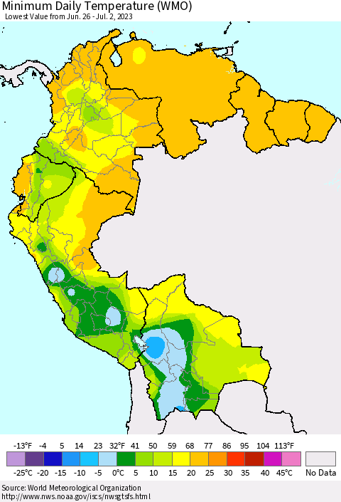 Northern South America Minimum Daily Temperature (WMO) Thematic Map For 6/26/2023 - 7/2/2023