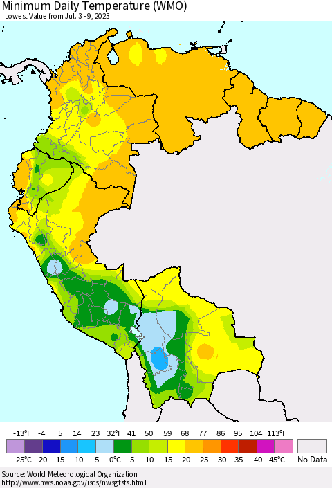 Northern South America Minimum Daily Temperature (WMO) Thematic Map For 7/3/2023 - 7/9/2023