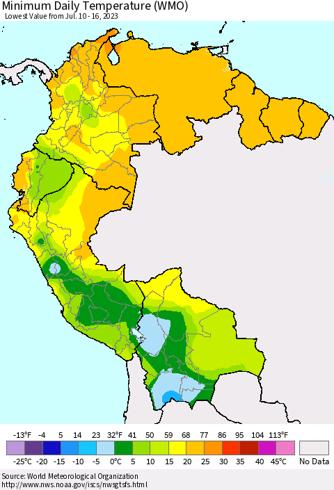 Northern South America Minimum Daily Temperature (WMO) Thematic Map For 7/10/2023 - 7/16/2023