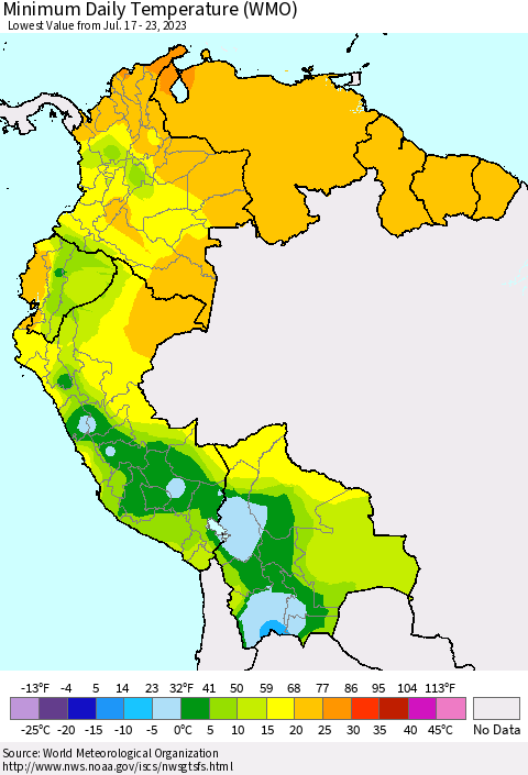Northern South America Minimum Daily Temperature (WMO) Thematic Map For 7/17/2023 - 7/23/2023