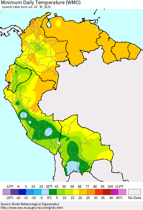 Northern South America Minimum Daily Temperature (WMO) Thematic Map For 7/24/2023 - 7/30/2023