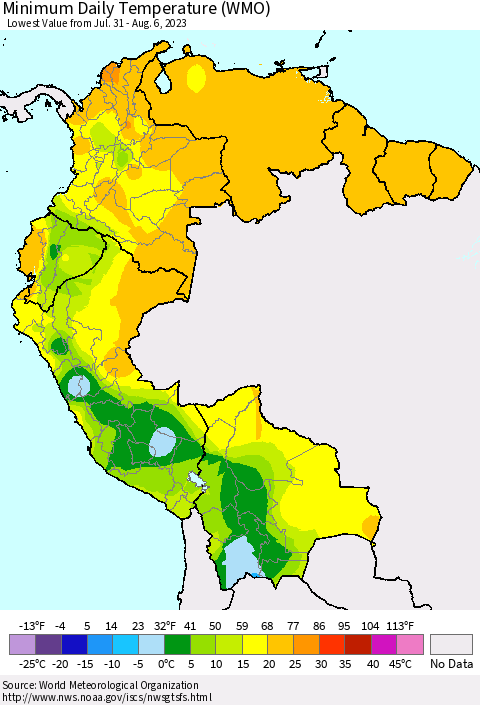 Northern South America Minimum Daily Temperature (WMO) Thematic Map For 7/31/2023 - 8/6/2023