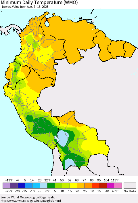 Northern South America Minimum Daily Temperature (WMO) Thematic Map For 8/7/2023 - 8/13/2023