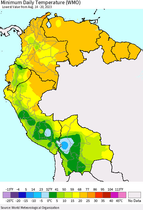 Northern South America Minimum Daily Temperature (WMO) Thematic Map For 8/14/2023 - 8/20/2023