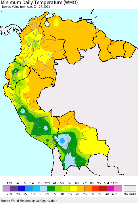 Northern South America Minimum Daily Temperature (WMO) Thematic Map For 8/21/2023 - 8/27/2023