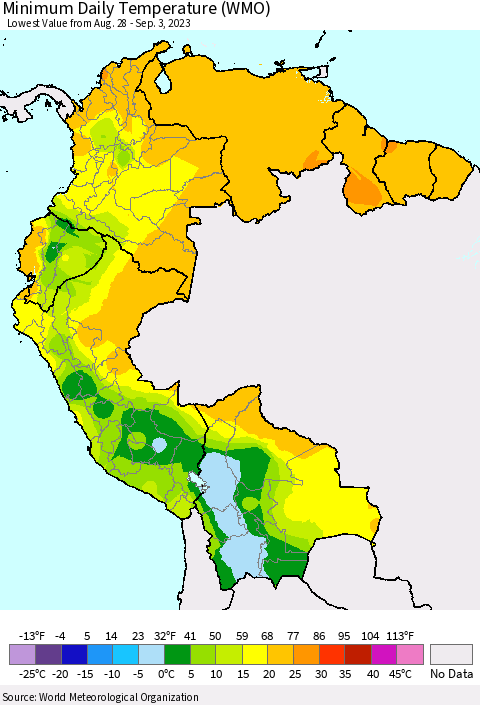 Northern South America Minimum Daily Temperature (WMO) Thematic Map For 8/28/2023 - 9/3/2023