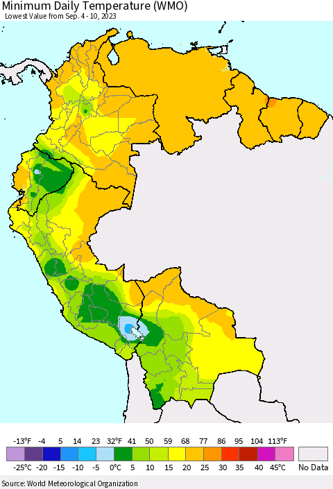 Northern South America Minimum Daily Temperature (WMO) Thematic Map For 9/4/2023 - 9/10/2023