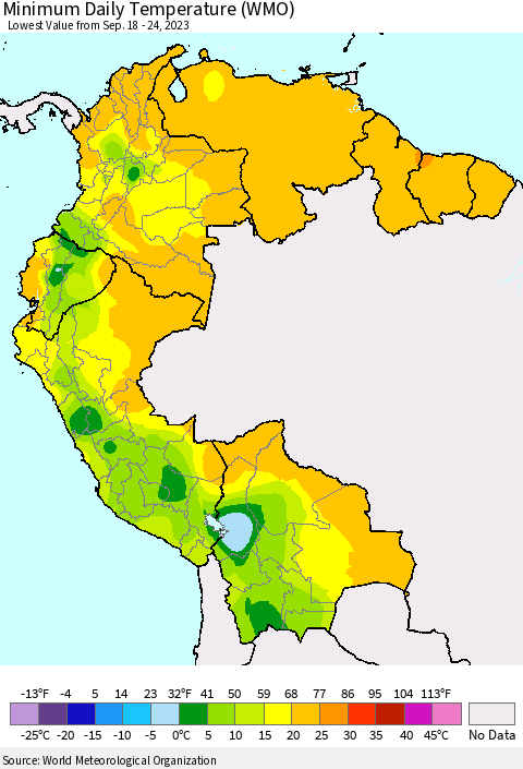 Northern South America Minimum Daily Temperature (WMO) Thematic Map For 9/18/2023 - 9/24/2023