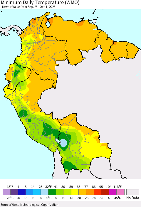 Northern South America Minimum Daily Temperature (WMO) Thematic Map For 9/25/2023 - 10/1/2023