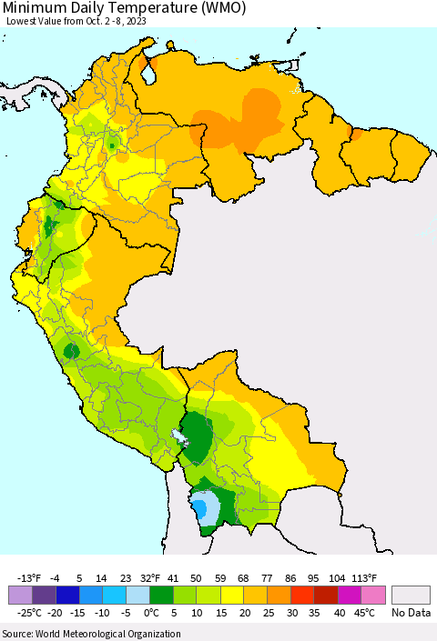 Northern South America Minimum Daily Temperature (WMO) Thematic Map For 10/2/2023 - 10/8/2023