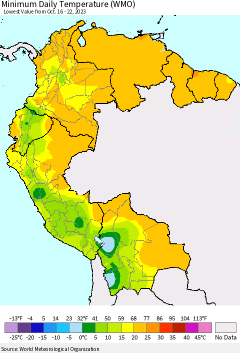 Northern South America Minimum Daily Temperature (WMO) Thematic Map For 10/16/2023 - 10/22/2023