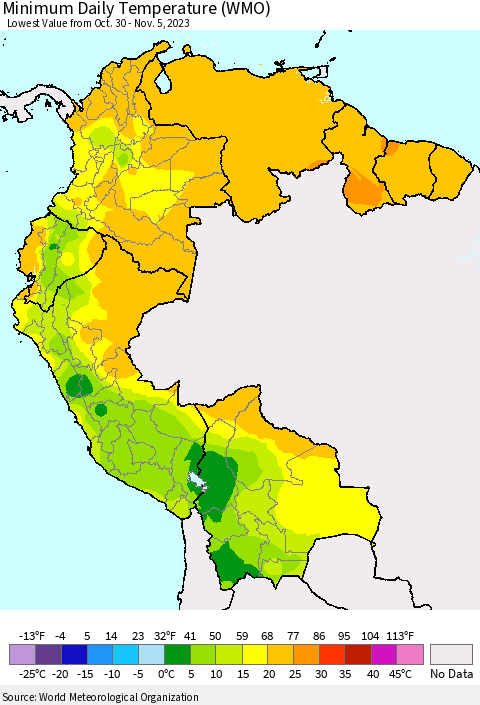 Northern South America Minimum Daily Temperature (WMO) Thematic Map For 10/30/2023 - 11/5/2023