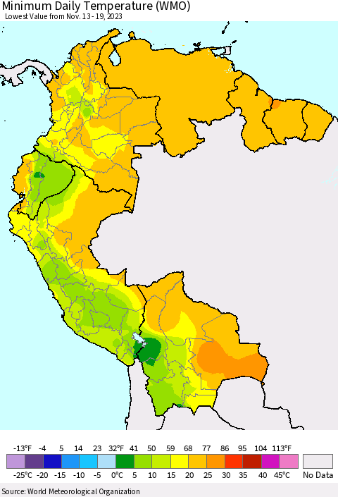 Northern South America Minimum Daily Temperature (WMO) Thematic Map For 11/13/2023 - 11/19/2023
