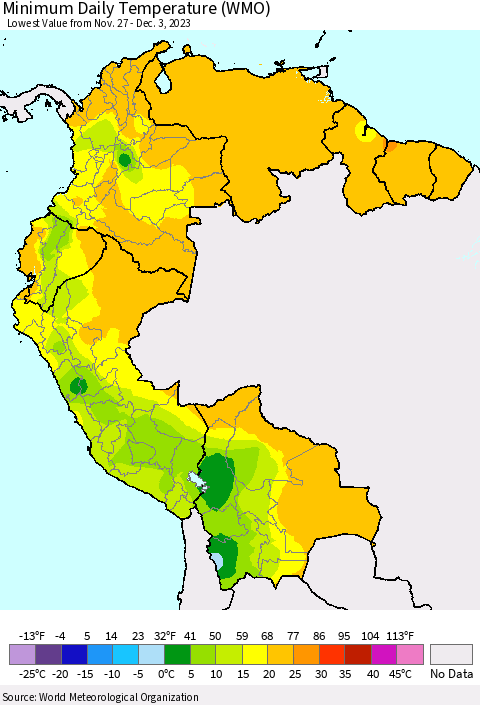 Northern South America Minimum Daily Temperature (WMO) Thematic Map For 11/27/2023 - 12/3/2023