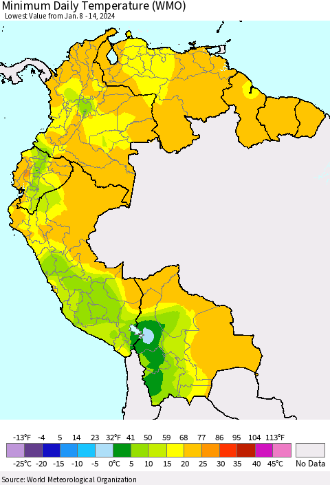 Northern South America Minimum Daily Temperature (WMO) Thematic Map For 1/8/2024 - 1/14/2024