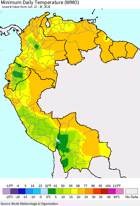 Northern South America Minimum Daily Temperature (WMO) Thematic Map For 1/22/2024 - 1/28/2024