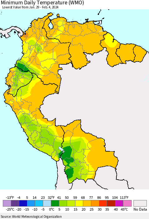 Northern South America Minimum Daily Temperature (WMO) Thematic Map For 1/29/2024 - 2/4/2024