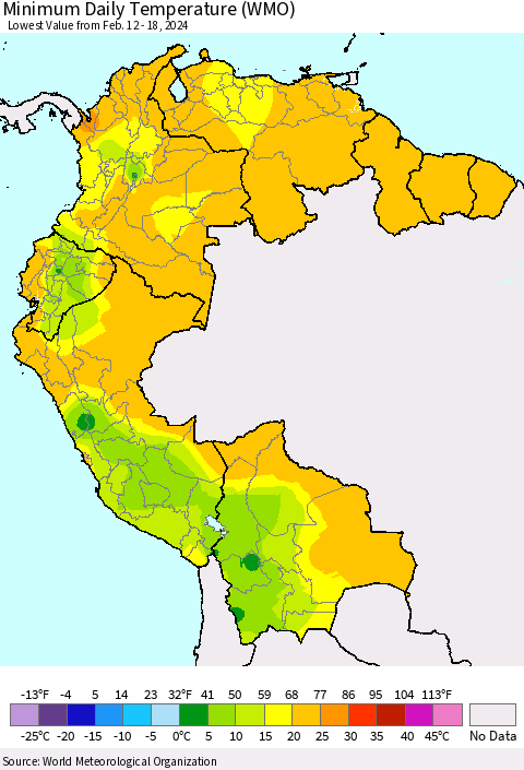 Northern South America Minimum Daily Temperature (WMO) Thematic Map For 2/12/2024 - 2/18/2024