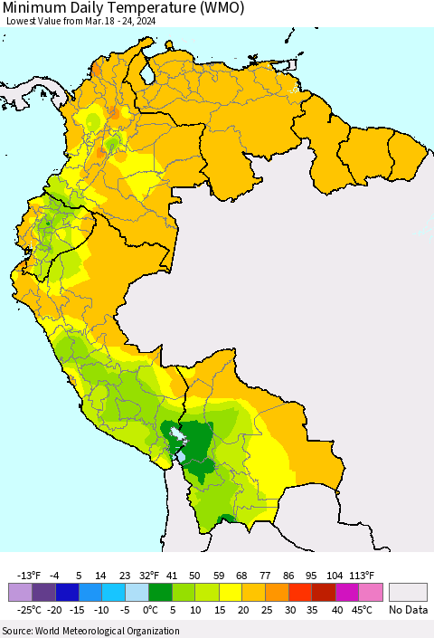 Northern South America Minimum Daily Temperature (WMO) Thematic Map For 3/18/2024 - 3/24/2024