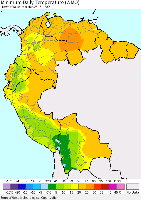 Northern South America Minimum Daily Temperature (WMO) Thematic Map For 3/25/2024 - 3/31/2024