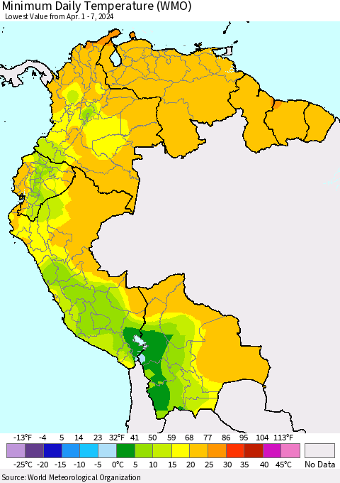Northern South America Minimum Daily Temperature (WMO) Thematic Map For 4/1/2024 - 4/7/2024