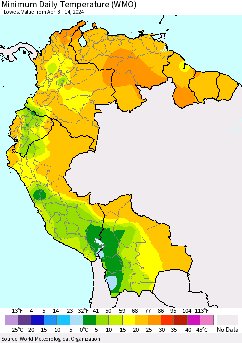 Northern South America Minimum Daily Temperature (WMO) Thematic Map For 4/8/2024 - 4/14/2024