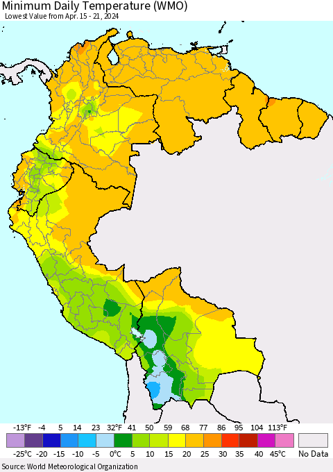 Northern South America Minimum Daily Temperature (WMO) Thematic Map For 4/15/2024 - 4/21/2024